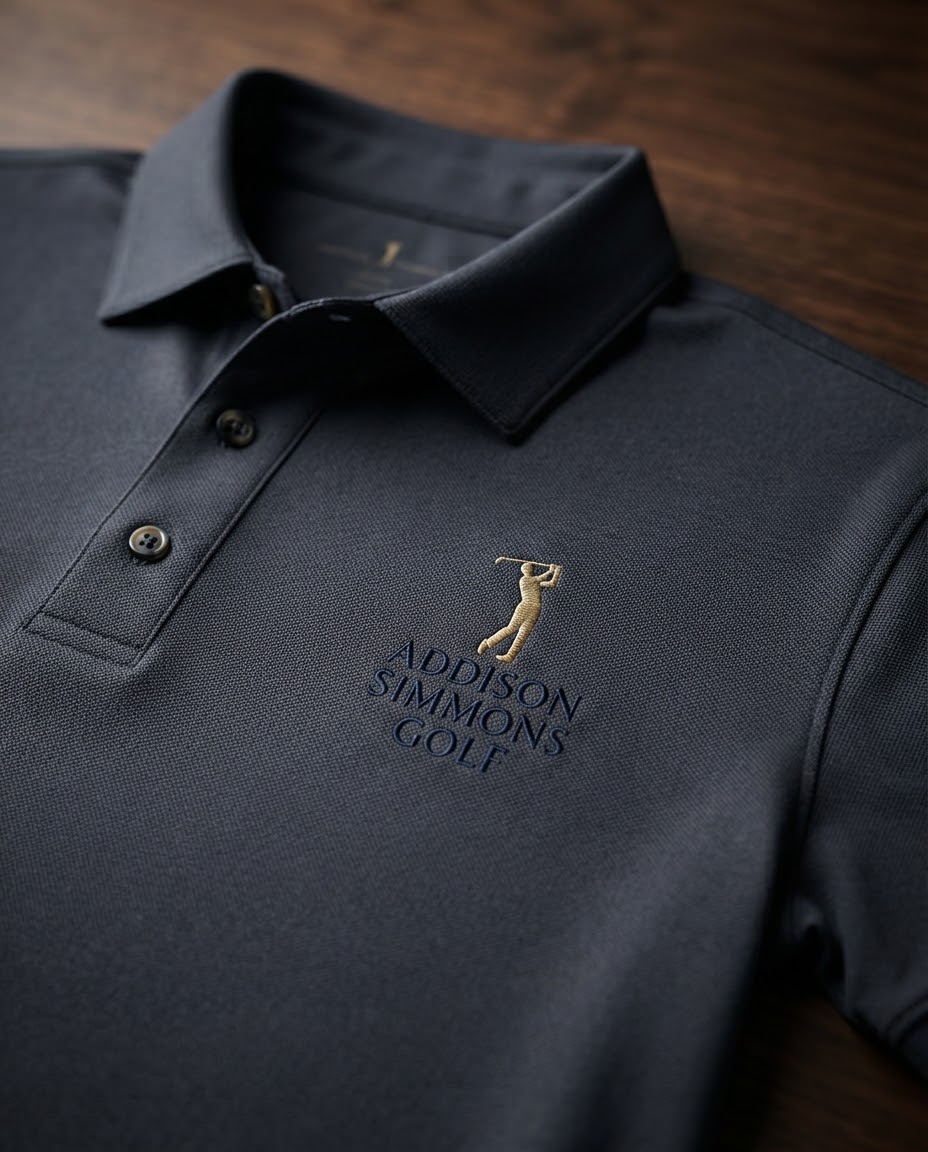 Folded Addison Simmons polo with embroidered golfer logo