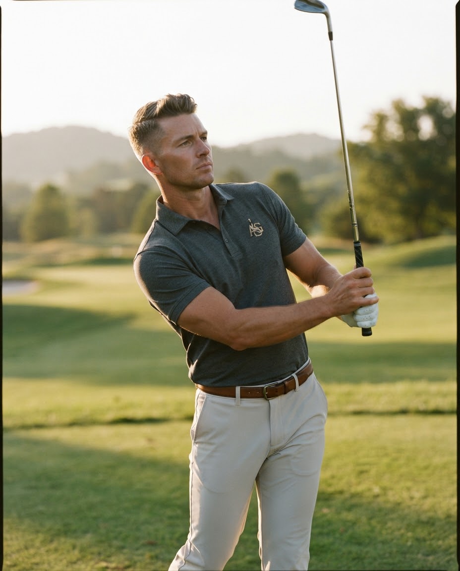 Golfer wearing Addison Simmons Golf polo on the course