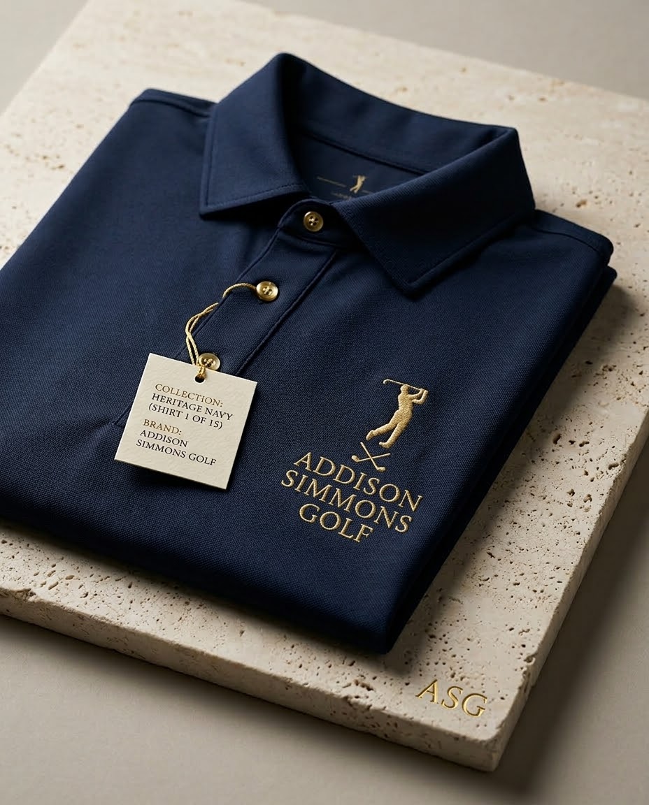 Navy Addison Simmons Golf polo with brass embroidery